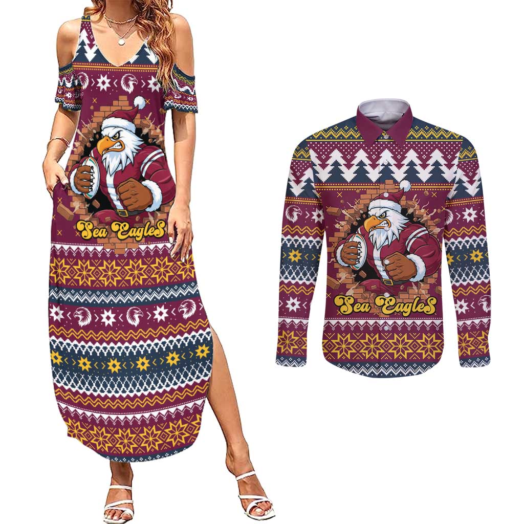 Merry Eagle Roar Personalized Couples Matching Summer Maxi Dress and Long Sleeve Button Shirt Christmas Rugby League Spirit - Aussie Hoodie