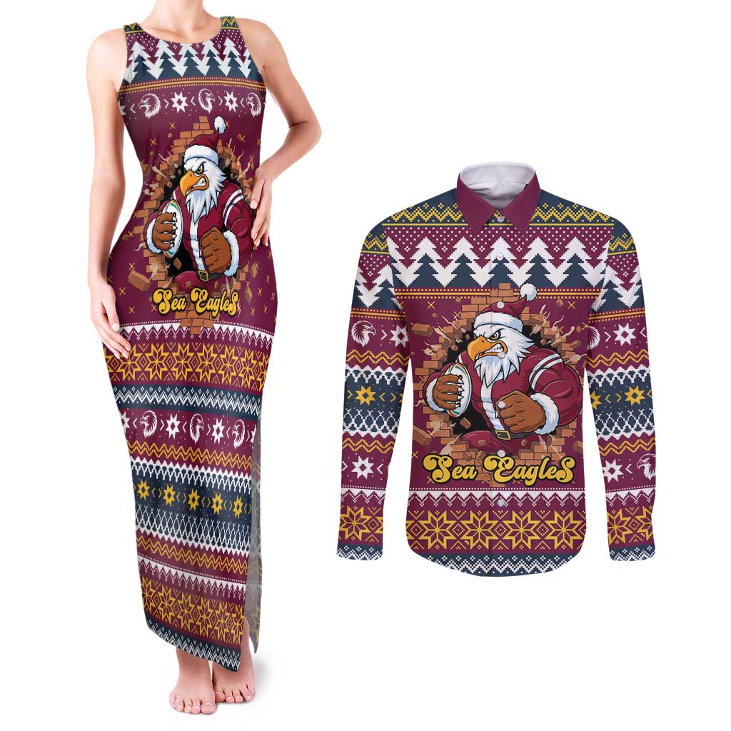 Merry Eagle Roar Personalized Couples Matching Tank Maxi Dress and Long Sleeve Button Shirt Christmas Rugby League Spirit - Aussie Hoodie