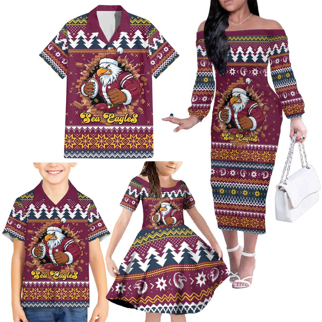 Merry Eagle Roar Personalized Family Matching Off The Shoulder Long Sleeve Dress and Hawaiian Shirt Christmas Rugby League Spirit - Aussie Hoodie
