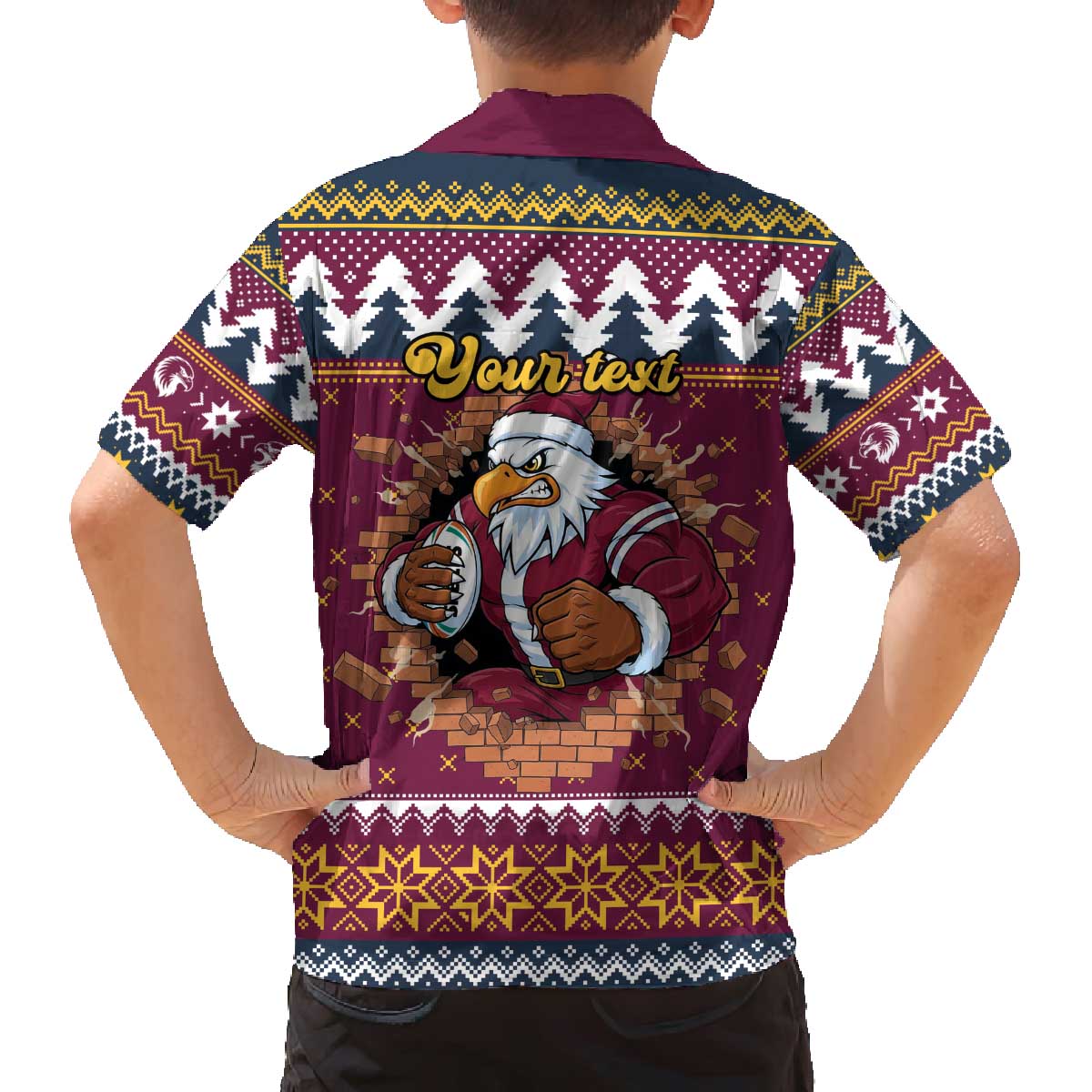 Merry Eagle Roar Personalized Family Matching Off The Shoulder Long Sleeve Dress and Hawaiian Shirt Christmas Rugby League Spirit - Aussie Hoodie