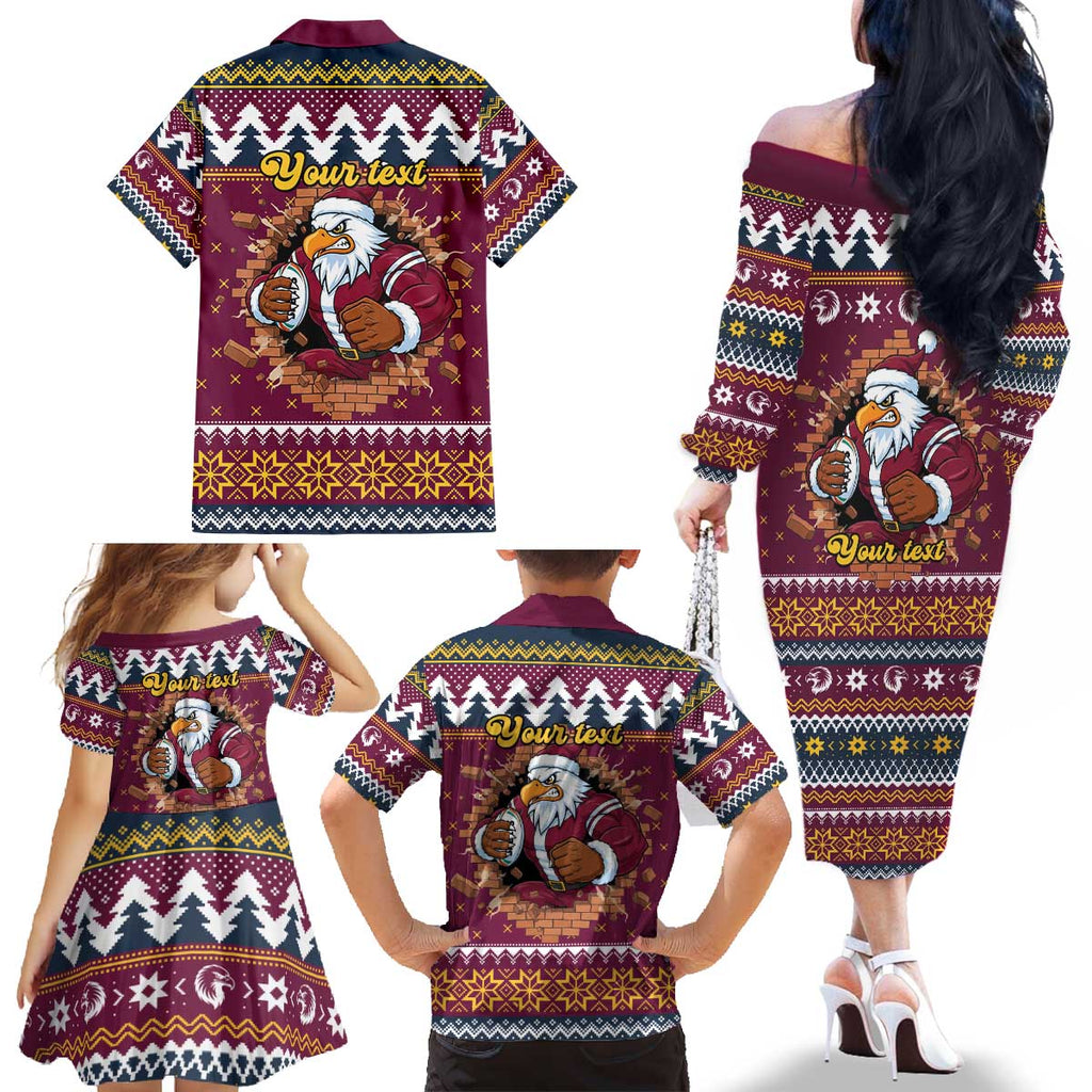 Merry Eagle Roar Personalized Family Matching Off The Shoulder Long Sleeve Dress and Hawaiian Shirt Christmas Rugby League Spirit - Aussie Hoodie