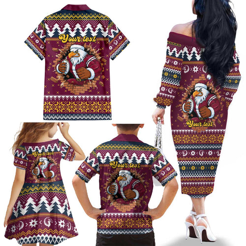 Merry Eagle Roar Personalized Family Matching Off The Shoulder Long Sleeve Dress and Hawaiian Shirt Christmas Rugby League Spirit - Aussie Hoodie