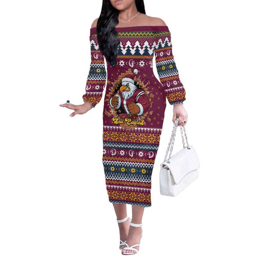 Merry Eagle Roar Personalized Family Matching Off The Shoulder Long Sleeve Dress and Hawaiian Shirt Christmas Rugby League Spirit - Aussie Hoodie