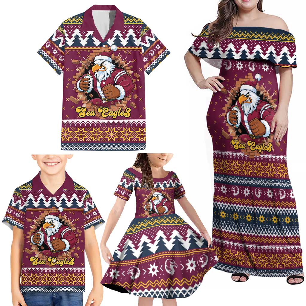 Merry Eagle Roar Personalized Family Matching Off Shoulder Maxi Dress and Hawaiian Shirt Christmas Rugby League Spirit - Aussie Hoodie