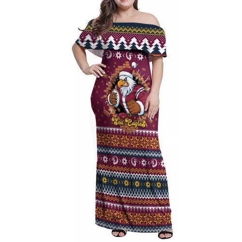 Merry Eagle Roar Personalized Family Matching Off Shoulder Maxi Dress and Hawaiian Shirt Christmas Rugby League Spirit - Aussie Hoodie