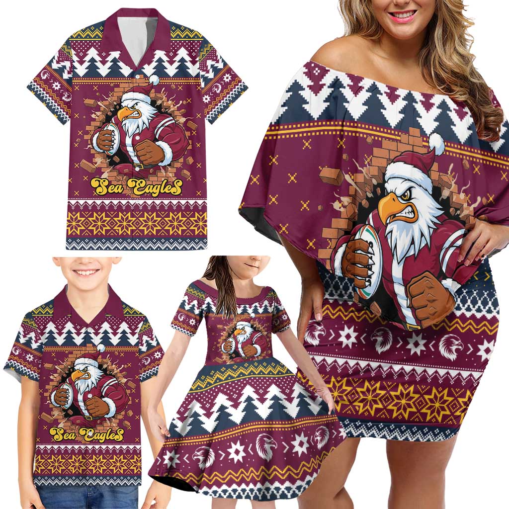 Merry Eagle Roar Personalized Family Matching Off Shoulder Short Dress and Hawaiian Shirt Christmas Rugby League Spirit - Aussie Hoodie