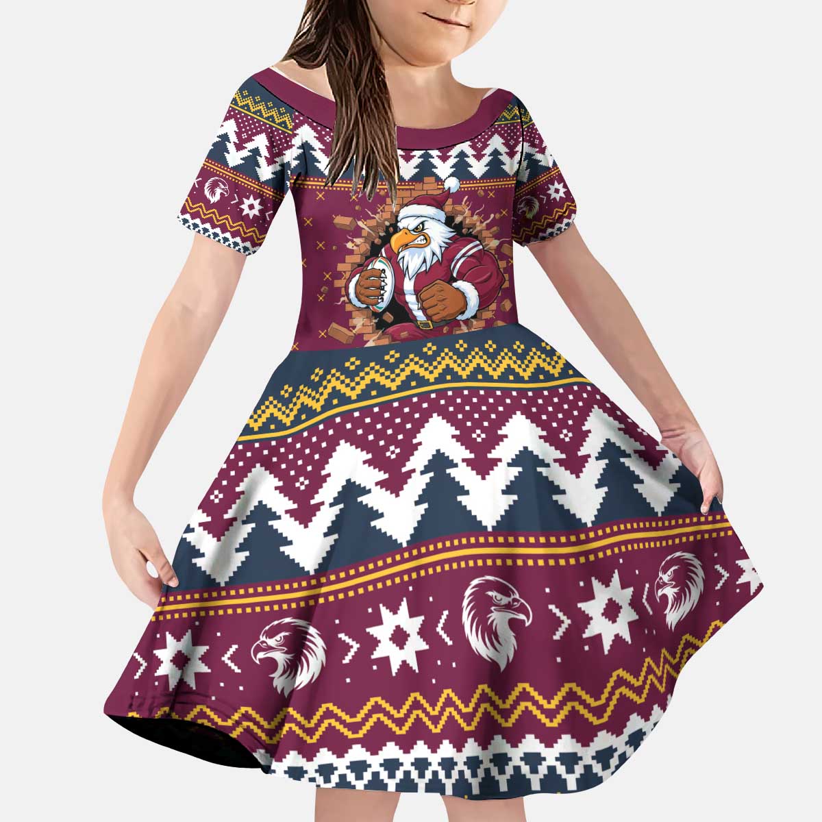 Merry Eagle Roar Personalized Kid Short Sleeve Dress Christmas Rugby League Spirit - Aussie Hoodie
