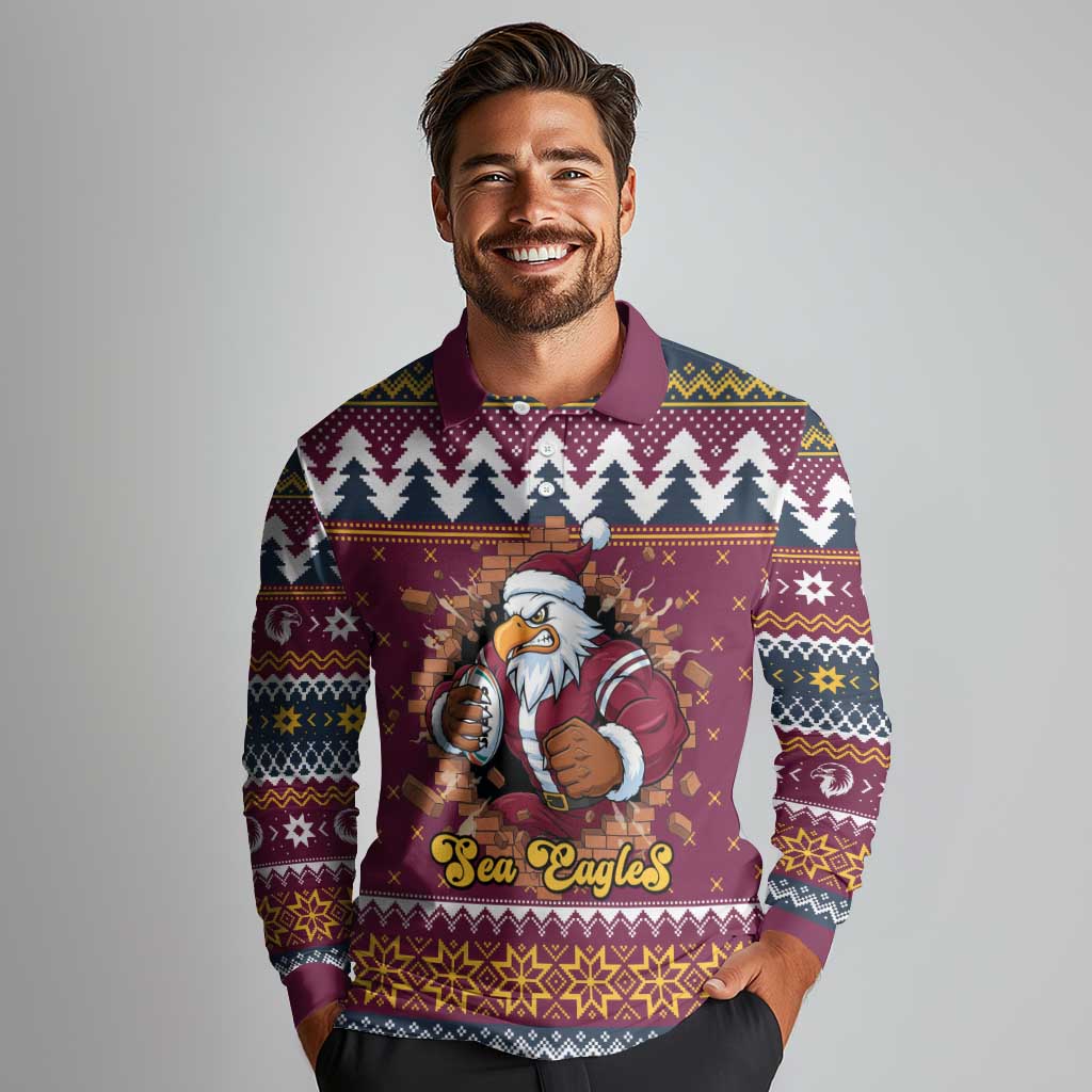 Merry Eagle Roar Personalized Long Sleeve Polo Shirt Christmas Rugby League Spirit - Aussie Hoodie