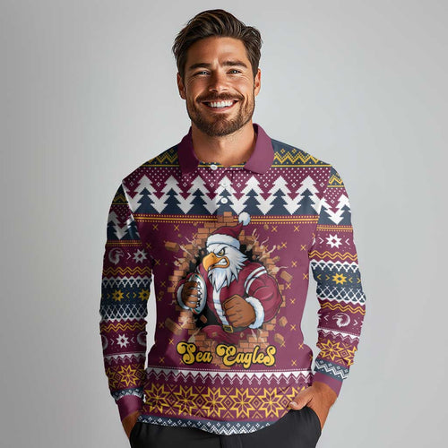 Merry Eagle Roar Personalized Long Sleeve Polo Shirt Christmas Rugby League Spirit - Aussie Hoodie