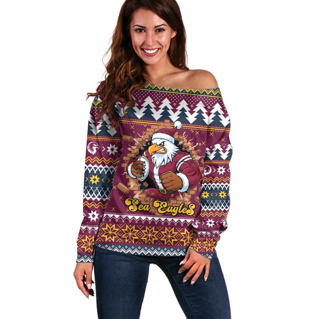 Merry Eagle Roar Personalized Off Shoulder Sweater Christmas Rugby League Spirit - Aussie Hoodie