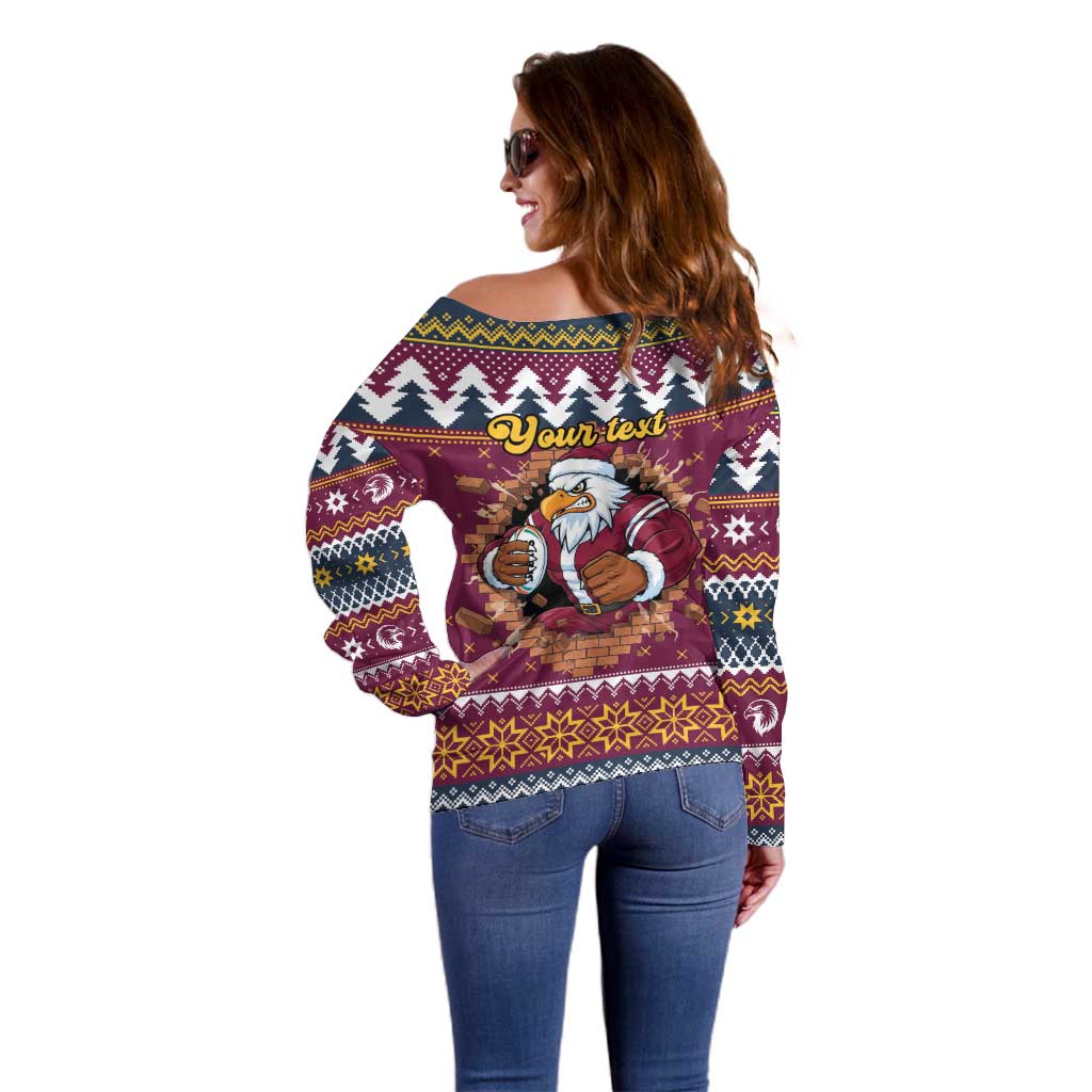 Merry Eagle Roar Personalized Off Shoulder Sweater Christmas Rugby League Spirit - Aussie Hoodie