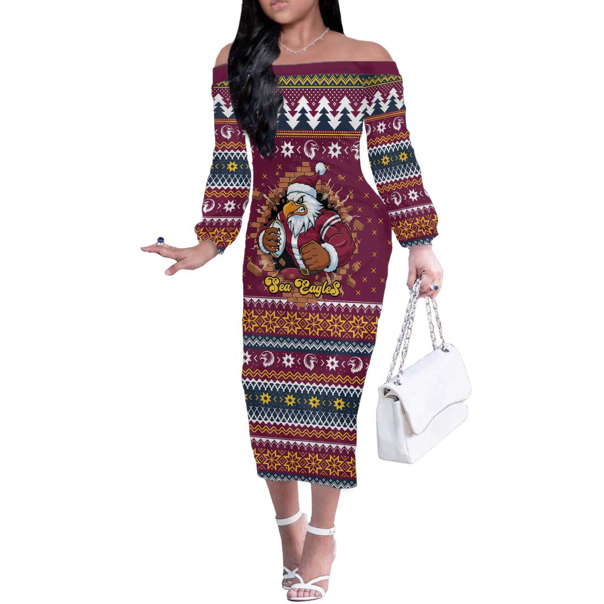 Merry Eagle Roar Personalized Off The Shoulder Long Sleeve Dress Christmas Rugby League Spirit - Aussie Hoodie