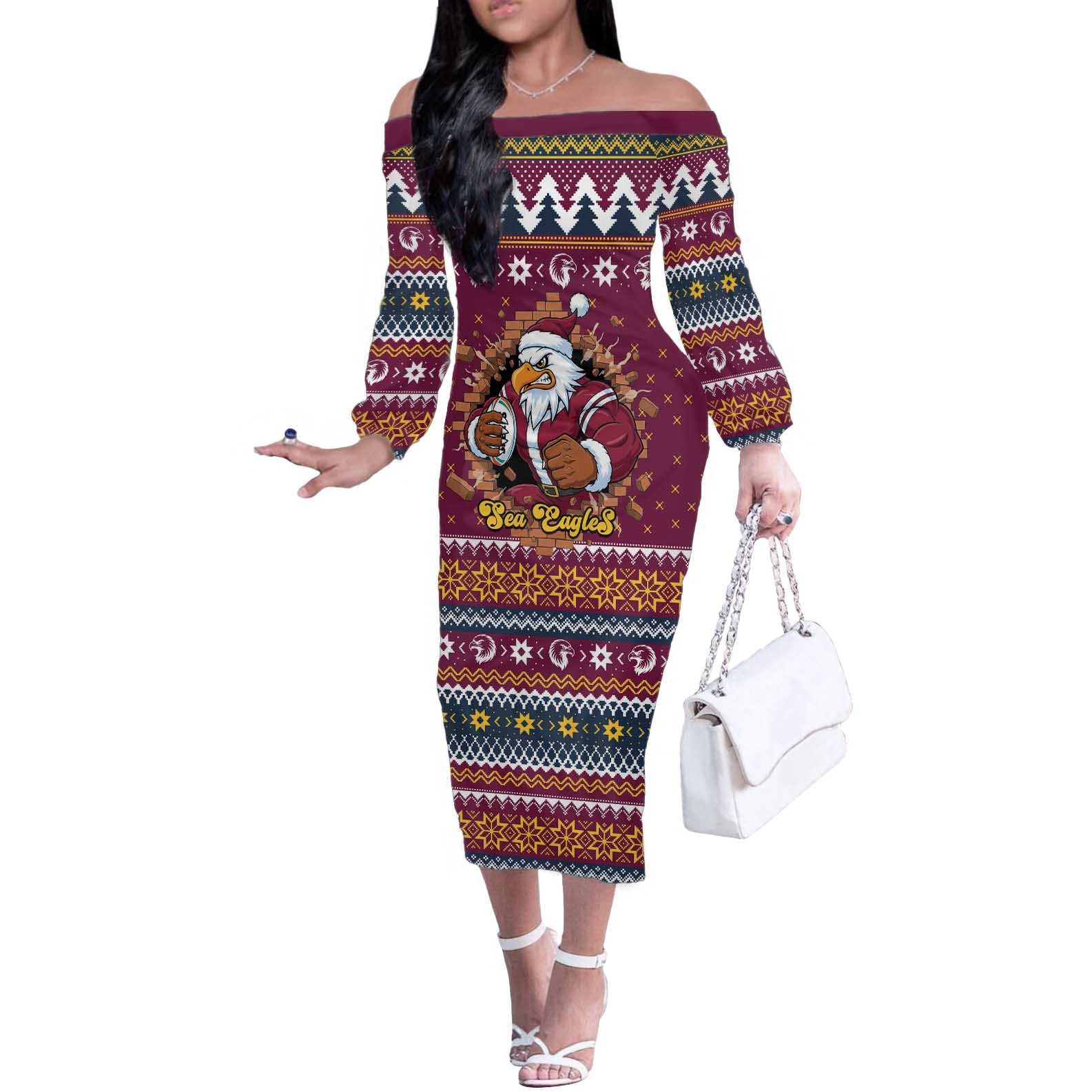 Merry Eagle Roar Personalized Off The Shoulder Long Sleeve Dress Christmas Rugby League Spirit - Aussie Hoodie