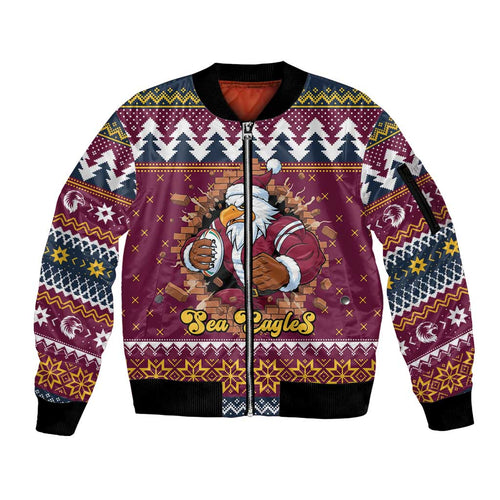 Merry Eagle Roar Personalized Sleeve Zip Bomber Jacket Christmas Rugby League Spirit - Aussie Hoodie