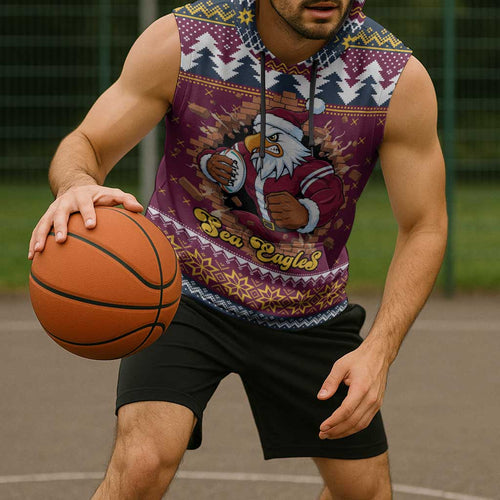 Merry Eagle Roar Personalized Sleeveless Hoodie Christmas Rugby League Spirit - Aussie Hoodie