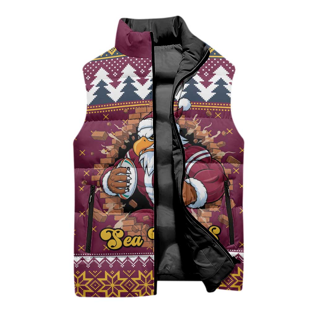 Merry Eagle Roar Personalized Sleeveless Puffer Jacket Christmas Rugby League Spirit - Aussie Hoodie