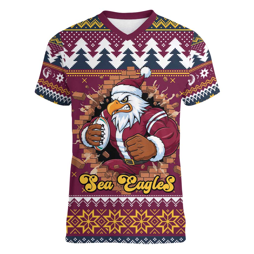 Merry Eagle Roar Personalized Women V-Neck T-Shirt Christmas Rugby League Spirit - Aussie Hoodie