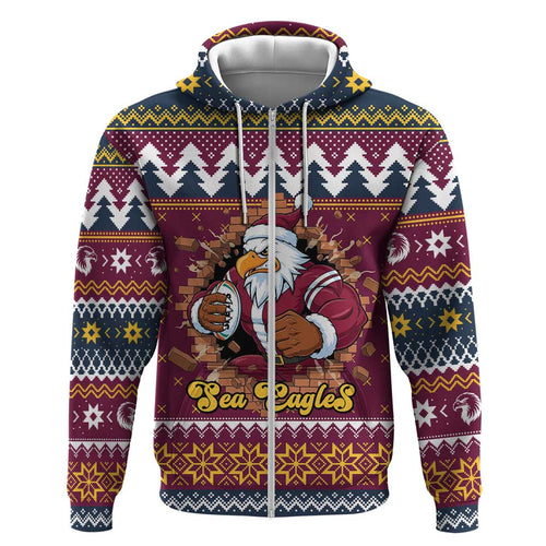 Merry Eagle Roar Personalized Zip Hoodie Christmas Rugby League Spirit - Aussie Hoodie