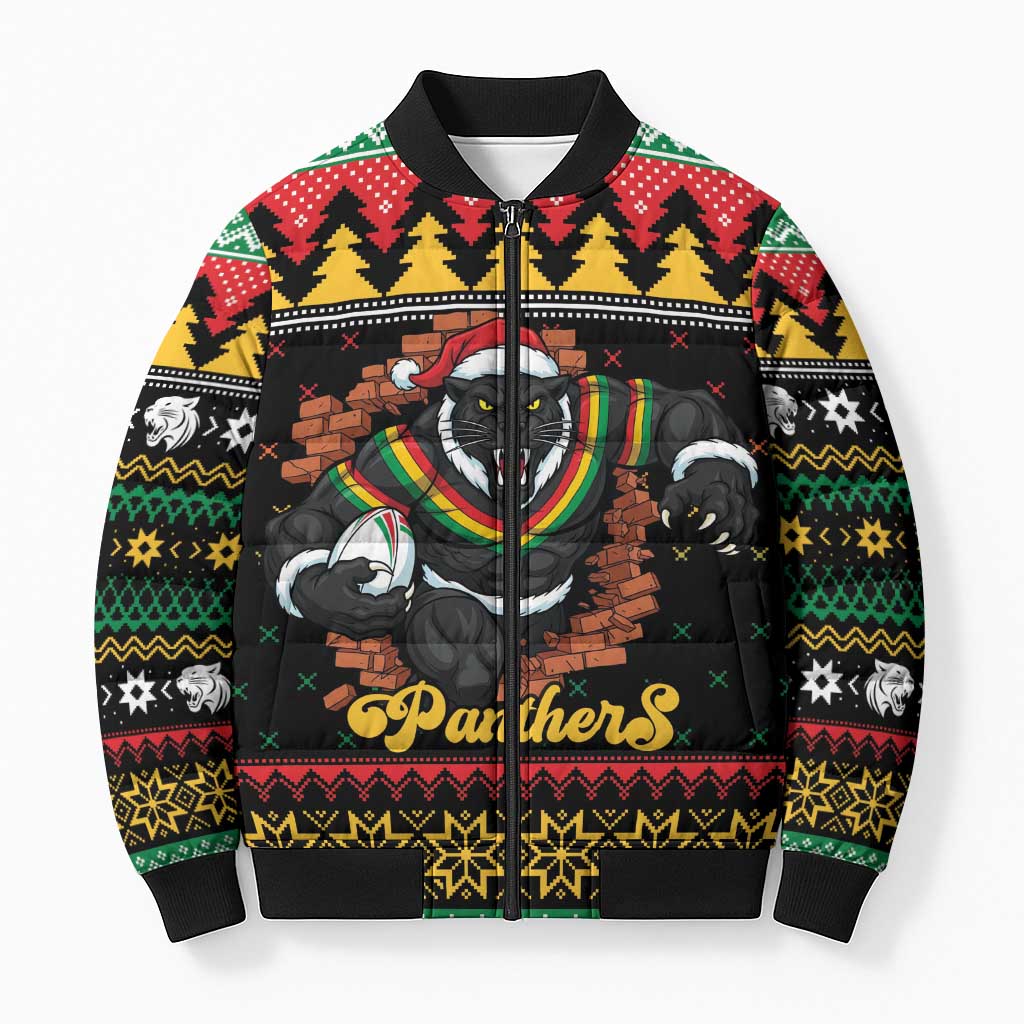 Merry Panther Roar Personalized Bomber Puffer Jacket Christmas Rugby League Spirit - Aussie Hoodie