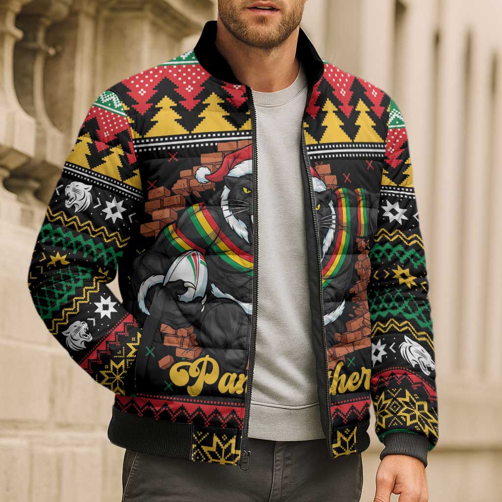 Merry Panther Roar Personalized Bomber Puffer Jacket Christmas Rugby League Spirit - Aussie Hoodie