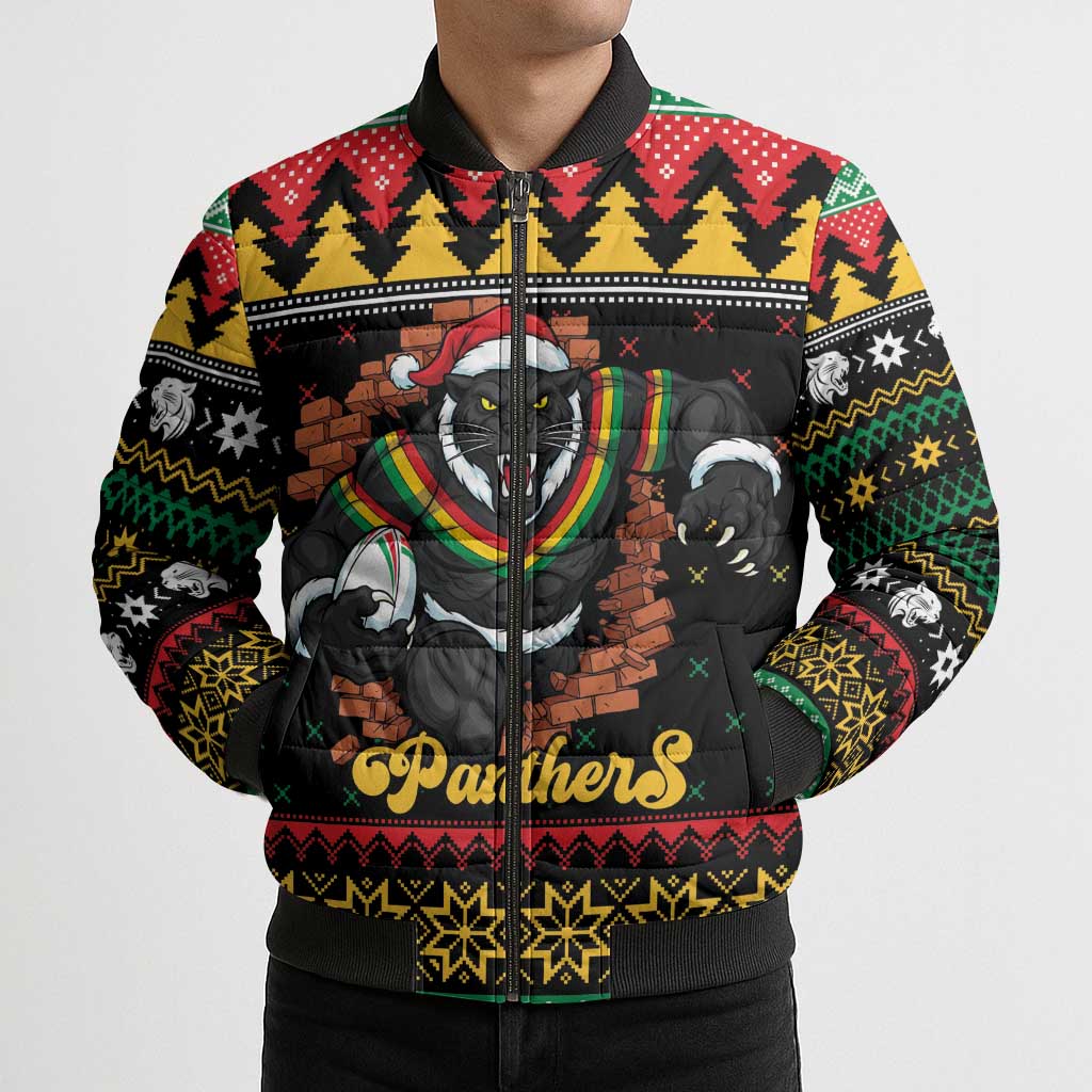 Merry Panther Roar Personalized Bomber Puffer Jacket Christmas Rugby League Spirit - Aussie Hoodie