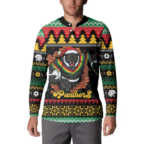 Merry Panther Roar Personalized Button Sweatshirt Christmas Rugby League Spirit - Aussie Hoodie