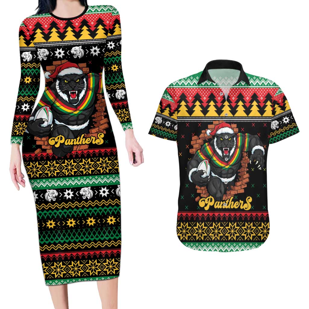 Merry Panther Roar Personalized Couples Matching Long Sleeve Bodycon Dress and Hawaiian Shirt Christmas Rugby League Spirit - Aussie Hoodie