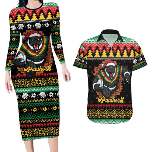 Merry Panther Roar Personalized Couples Matching Long Sleeve Bodycon Dress and Hawaiian Shirt Christmas Rugby League Spirit - Aussie Hoodie