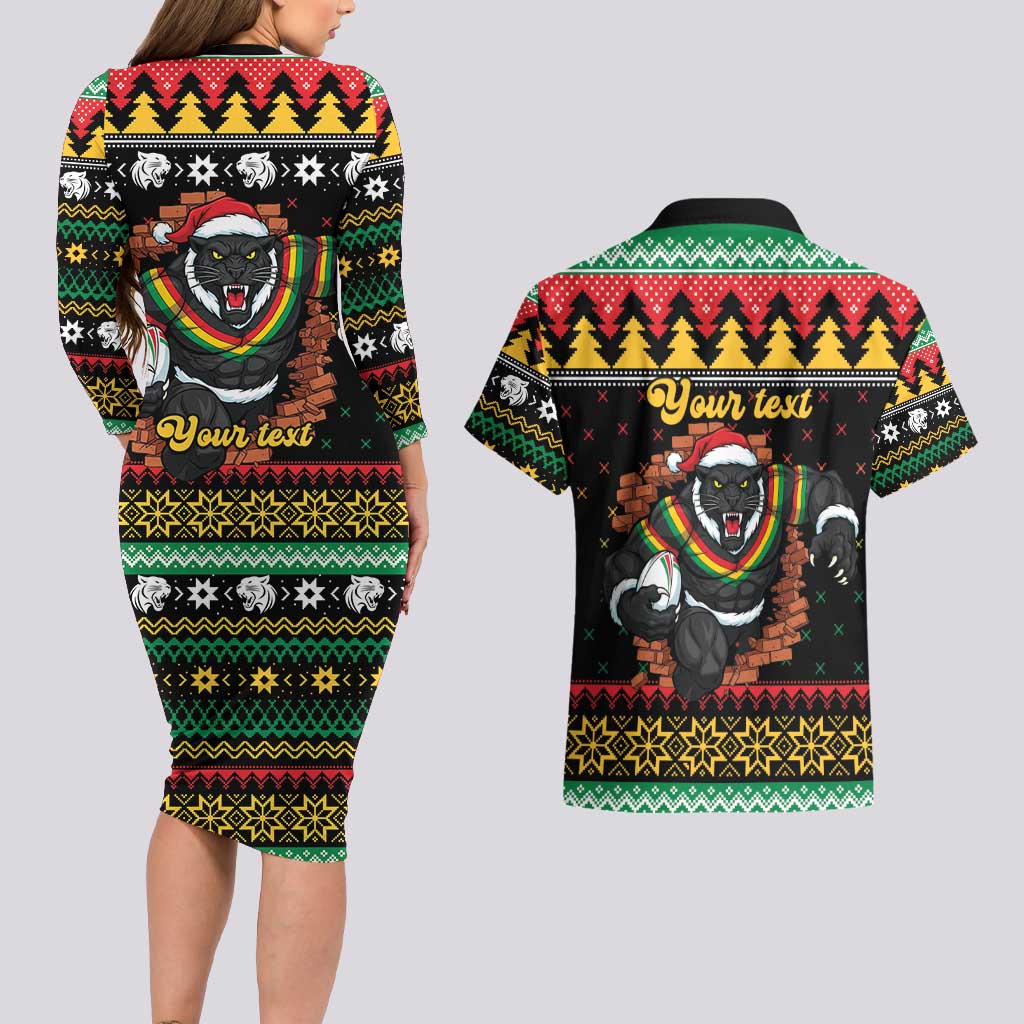 Merry Panther Roar Personalized Couples Matching Long Sleeve Bodycon Dress and Hawaiian Shirt Christmas Rugby League Spirit - Aussie Hoodie