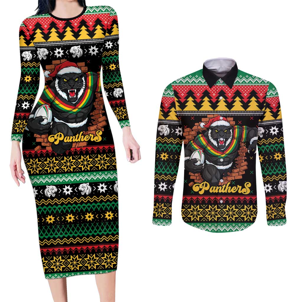 Merry Panther Roar Personalized Couples Matching Long Sleeve Bodycon Dress and Long Sleeve Button Shirt Christmas Rugby League Spirit - Aussie Hoodie