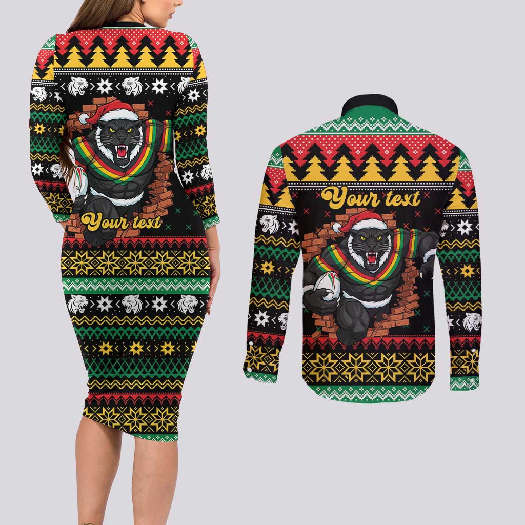 Merry Panther Roar Personalized Couples Matching Long Sleeve Bodycon Dress and Long Sleeve Button Shirt Christmas Rugby League Spirit - Aussie Hoodie