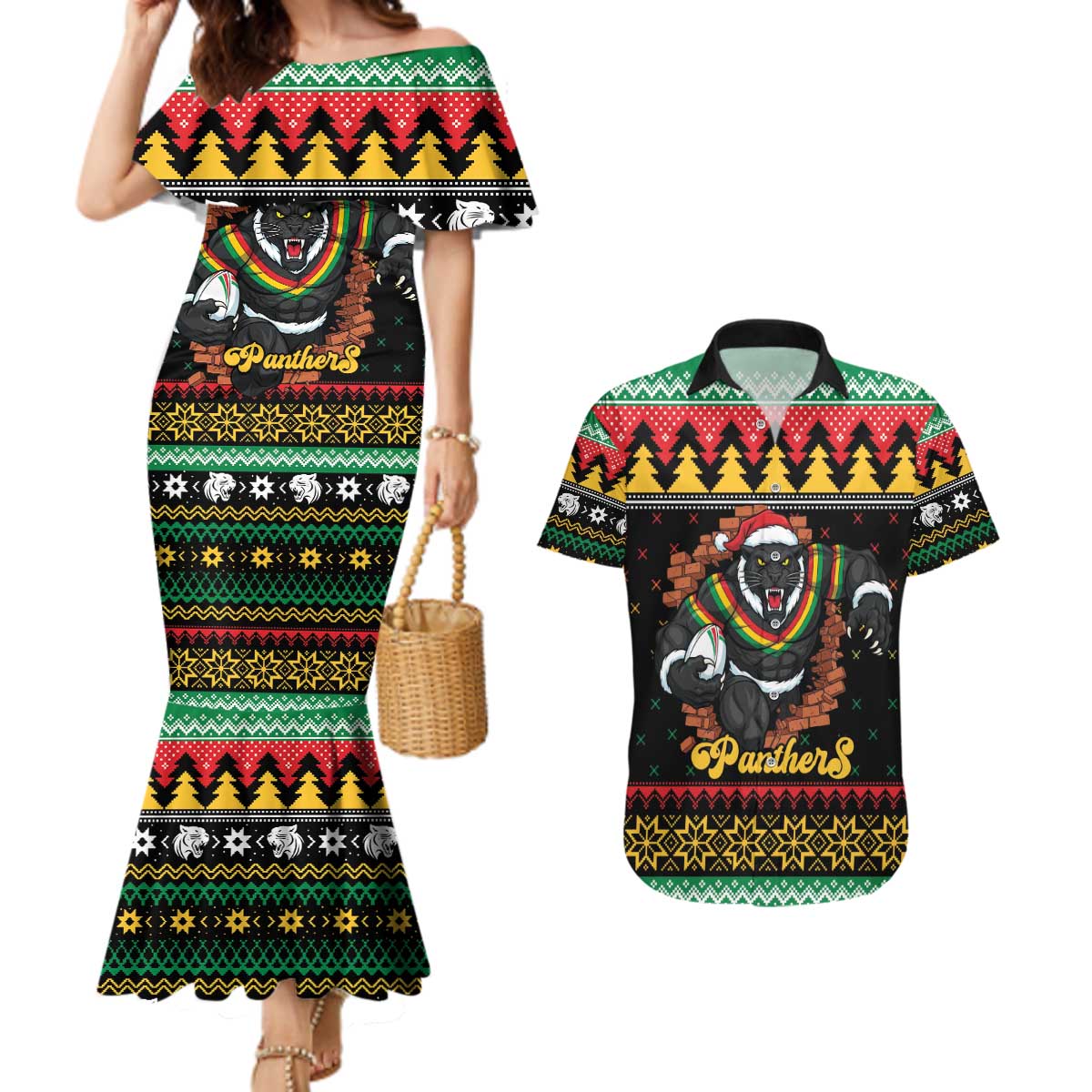 Merry Panther Roar Personalized Couples Matching Mermaid Dress and Hawaiian Shirt Christmas Rugby League Spirit - Aussie Hoodie