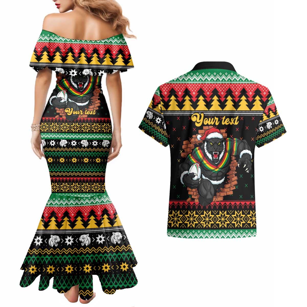 Merry Panther Roar Personalized Couples Matching Mermaid Dress and Hawaiian Shirt Christmas Rugby League Spirit - Aussie Hoodie