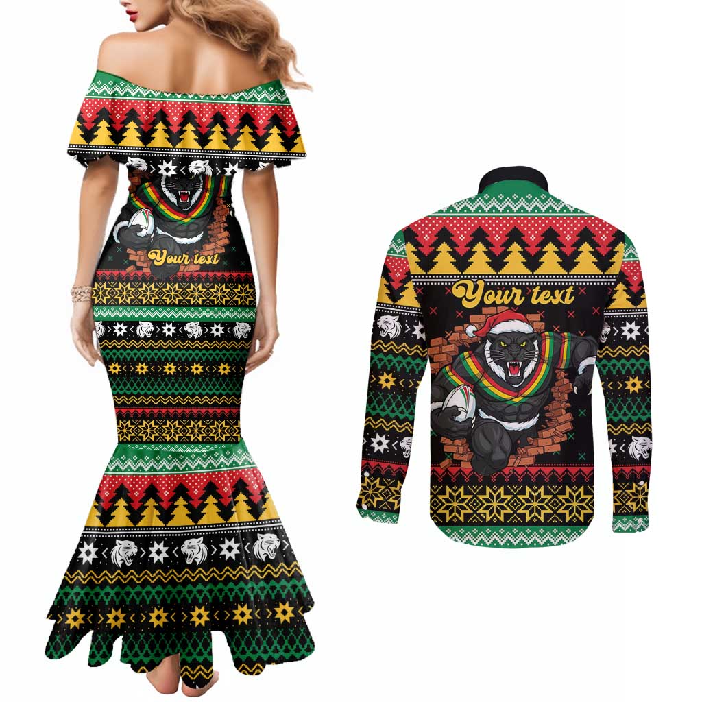 Merry Panther Roar Personalized Couples Matching Mermaid Dress and Long Sleeve Button Shirt Christmas Rugby League Spirit - Aussie Hoodie