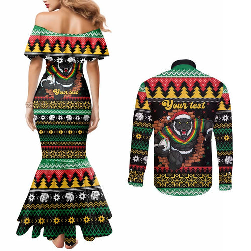 Merry Panther Roar Personalized Couples Matching Mermaid Dress and Long Sleeve Button Shirt Christmas Rugby League Spirit - Aussie Hoodie
