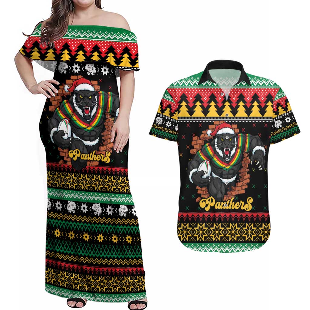 Merry Panther Roar Personalized Couples Matching Off Shoulder Maxi Dress and Hawaiian Shirt Christmas Rugby League Spirit - Aussie Hoodie