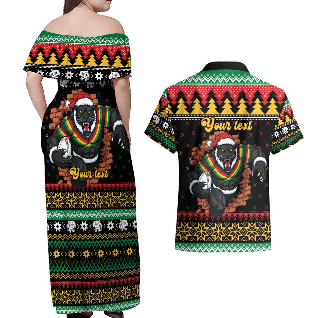 Merry Panther Roar Personalized Couples Matching Off Shoulder Maxi Dress and Hawaiian Shirt Christmas Rugby League Spirit - Aussie Hoodie