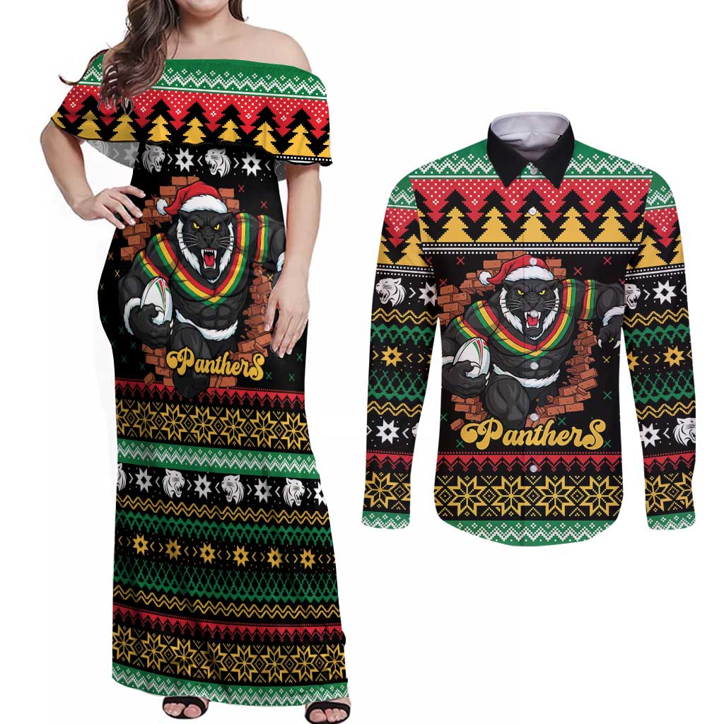 Merry Panther Roar Personalized Couples Matching Off Shoulder Maxi Dress and Long Sleeve Button Shirt Christmas Rugby League Spirit - Aussie Hoodie