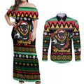Merry Panther Roar Personalized Couples Matching Off Shoulder Maxi Dress and Long Sleeve Button Shirt Christmas Rugby League Spirit - Aussie Hoodie