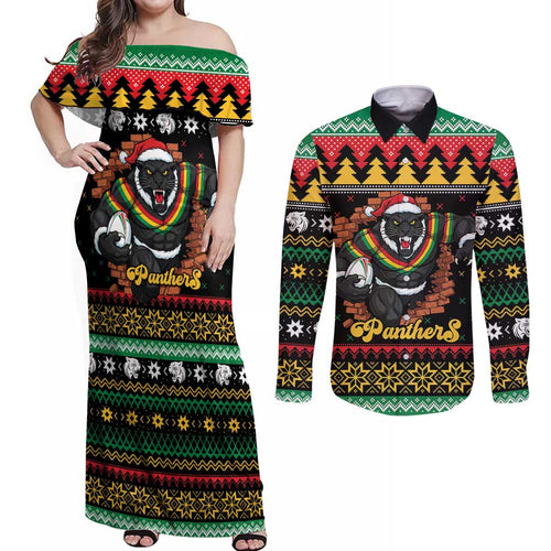Merry Panther Roar Personalized Couples Matching Off Shoulder Maxi Dress and Long Sleeve Button Shirt Christmas Rugby League Spirit - Aussie Hoodie
