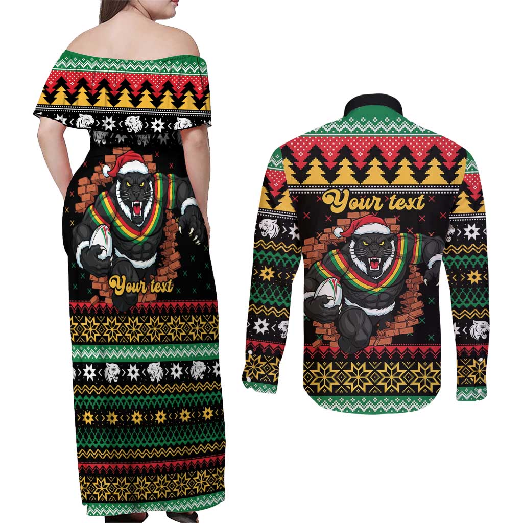Merry Panther Roar Personalized Couples Matching Off Shoulder Maxi Dress and Long Sleeve Button Shirt Christmas Rugby League Spirit - Aussie Hoodie