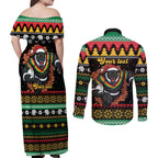 Merry Panther Roar Personalized Couples Matching Off Shoulder Maxi Dress and Long Sleeve Button Shirt Christmas Rugby League Spirit - Aussie Hoodie