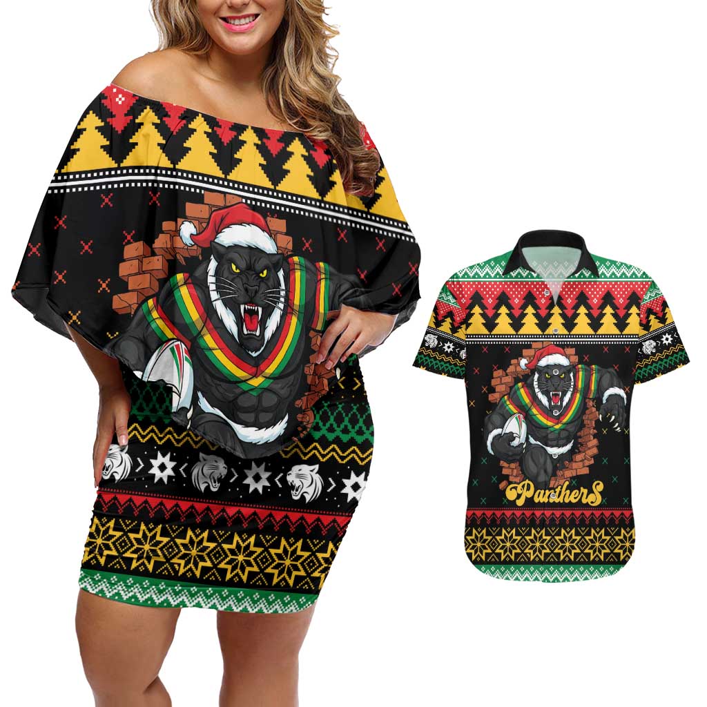 Merry Panther Roar Personalized Couples Matching Off Shoulder Short Dress and Hawaiian Shirt Christmas Rugby League Spirit - Aussie Hoodie