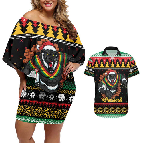 Merry Panther Roar Personalized Couples Matching Off Shoulder Short Dress and Hawaiian Shirt Christmas Rugby League Spirit - Aussie Hoodie