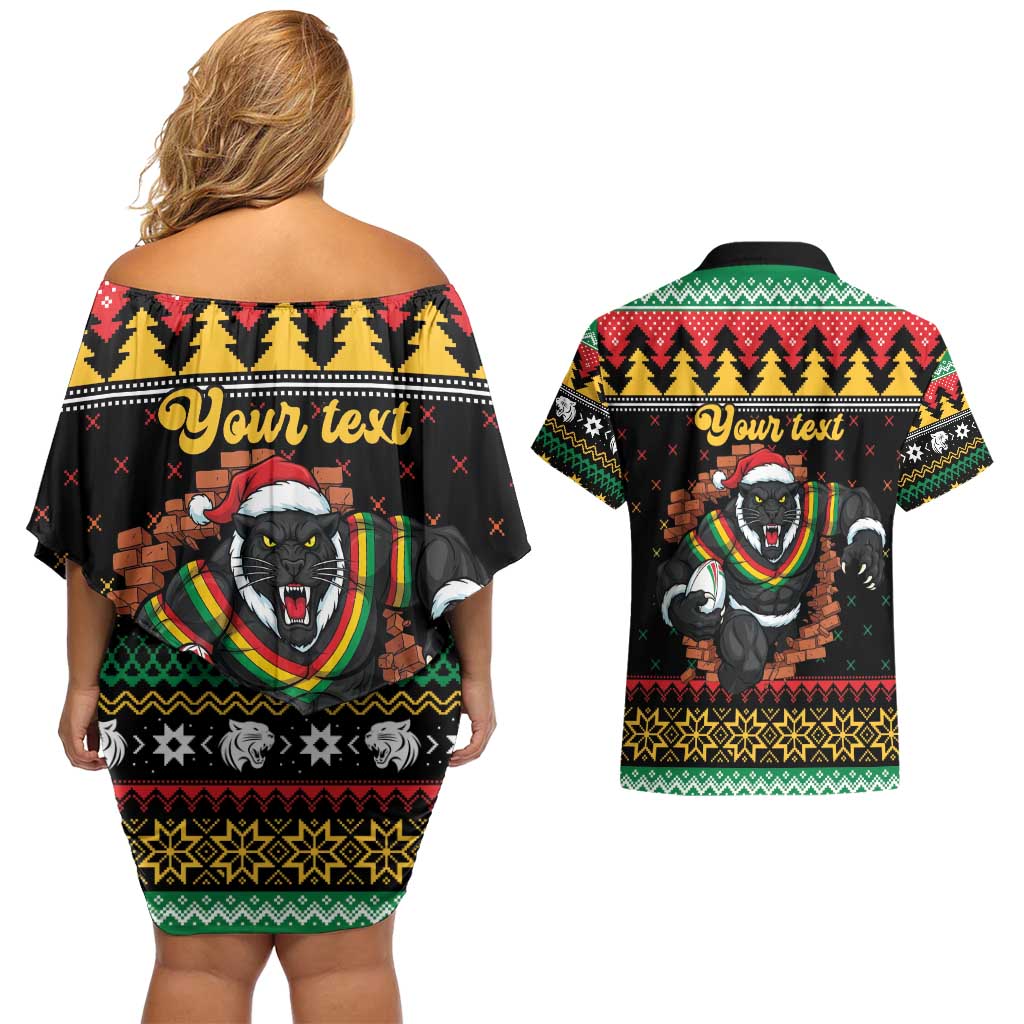 Merry Panther Roar Personalized Couples Matching Off Shoulder Short Dress and Hawaiian Shirt Christmas Rugby League Spirit - Aussie Hoodie