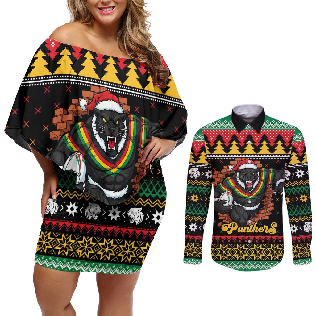 Merry Panther Roar Personalized Couples Matching Off Shoulder Short Dress and Long Sleeve Button Shirt Christmas Rugby League Spirit - Aussie Hoodie