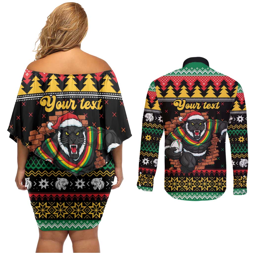 Merry Panther Roar Personalized Couples Matching Off Shoulder Short Dress and Long Sleeve Button Shirt Christmas Rugby League Spirit - Aussie Hoodie