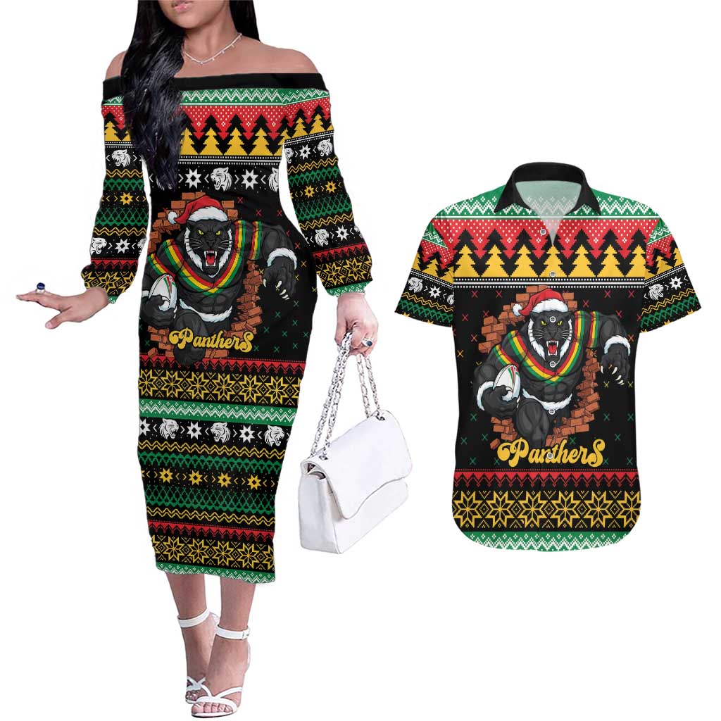 Merry Panther Roar Personalized Couples Matching Off The Shoulder Long Sleeve Dress and Hawaiian Shirt Christmas Rugby League Spirit - Aussie Hoodie