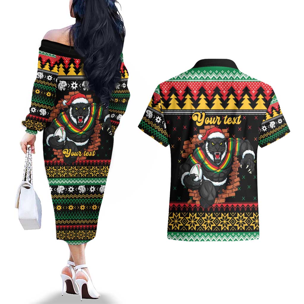Merry Panther Roar Personalized Couples Matching Off The Shoulder Long Sleeve Dress and Hawaiian Shirt Christmas Rugby League Spirit - Aussie Hoodie