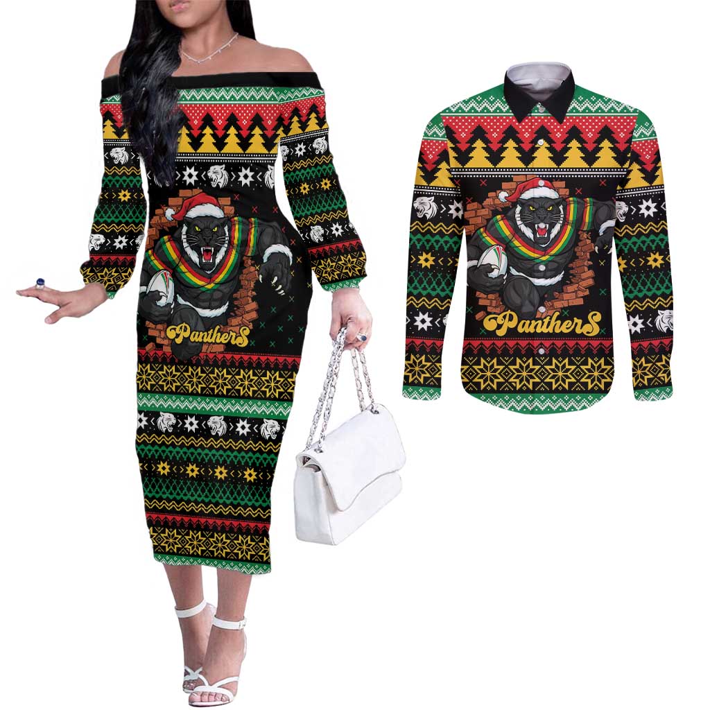 Merry Panther Roar Personalized Couples Matching Off The Shoulder Long Sleeve Dress and Long Sleeve Button Shirt Christmas Rugby League Spirit - Aussie Hoodie